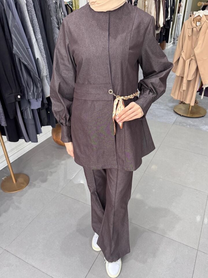 FULAR KEMER DETAYLI GABARDİN KOT CEKET KAHVERENGİ