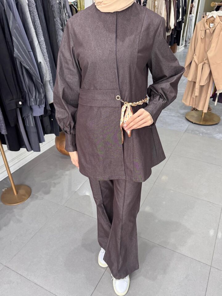 FULAR KEMER DETAYLI GABARDİN KOT CEKET KAHVERENGİ