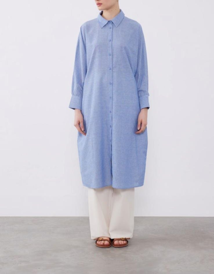 YARASA KOL UZUN KOL GÖMLEK  MAVİ