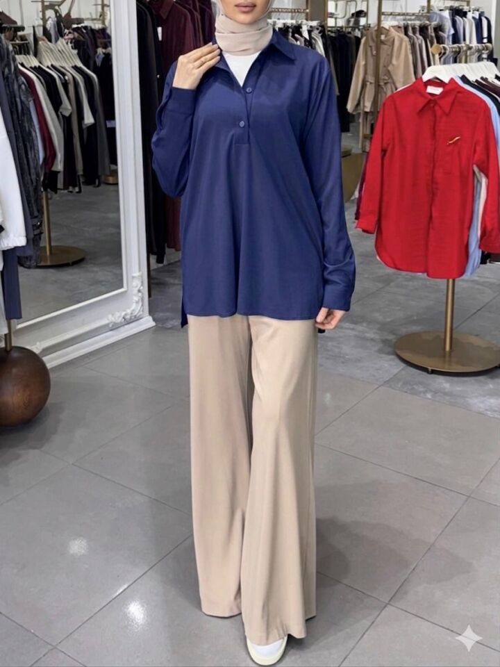 POLO YAKA TRİL BLUZ LACİVERT