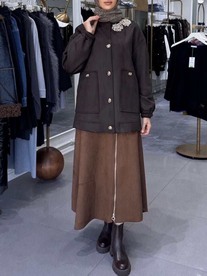 TAŞ DETAYLI SÜET KAP KAHVE