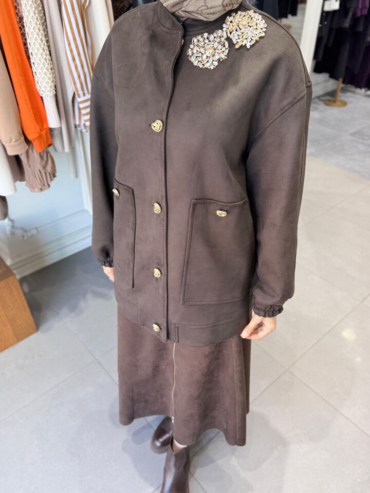 TAŞ DETAYLI SÜET KAP KAHVE