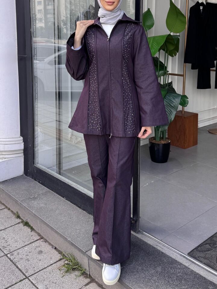 TAŞ DETAYLI FERMUARLI PANTOLONLU TAKIM MOR