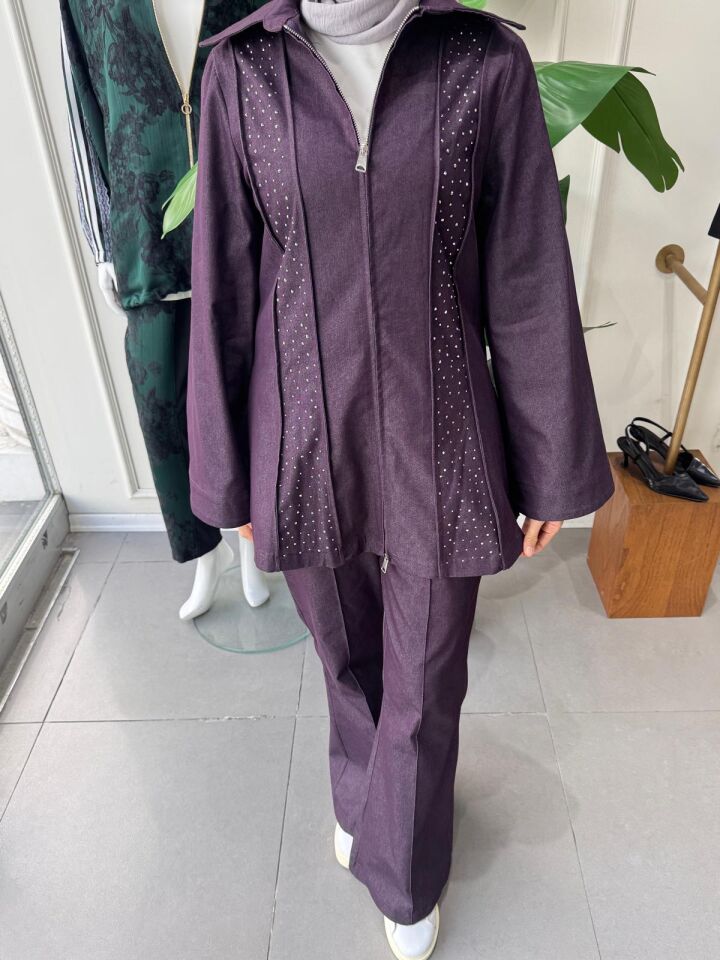 TAŞ DETAYLI FERMUARLI PANTOLONLU TAKIM MOR