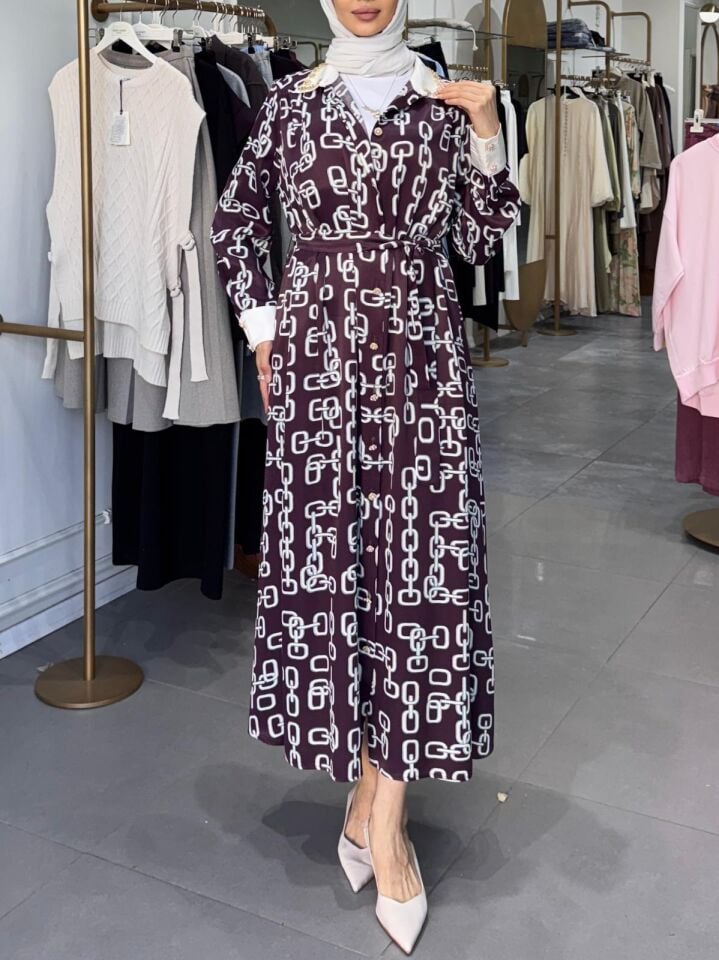 YAKA TAŞ İŞLEMELİ SATEN ELBİSE MÜRDÜM