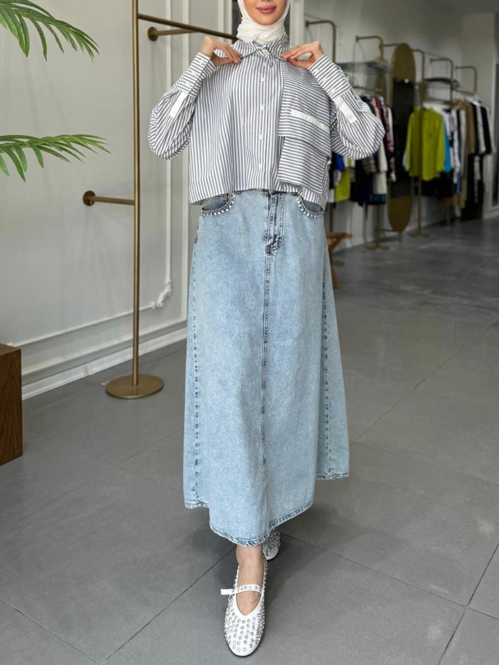 ÇİZGİ CROP GÖMLEK YEŞİL