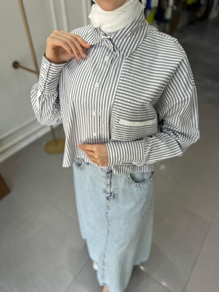 ÇİZGİ CROP GÖMLEK YEŞİL