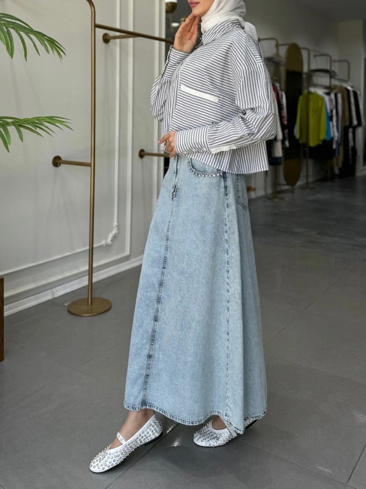 ÇİZGİ CROP GÖMLEK YEŞİL