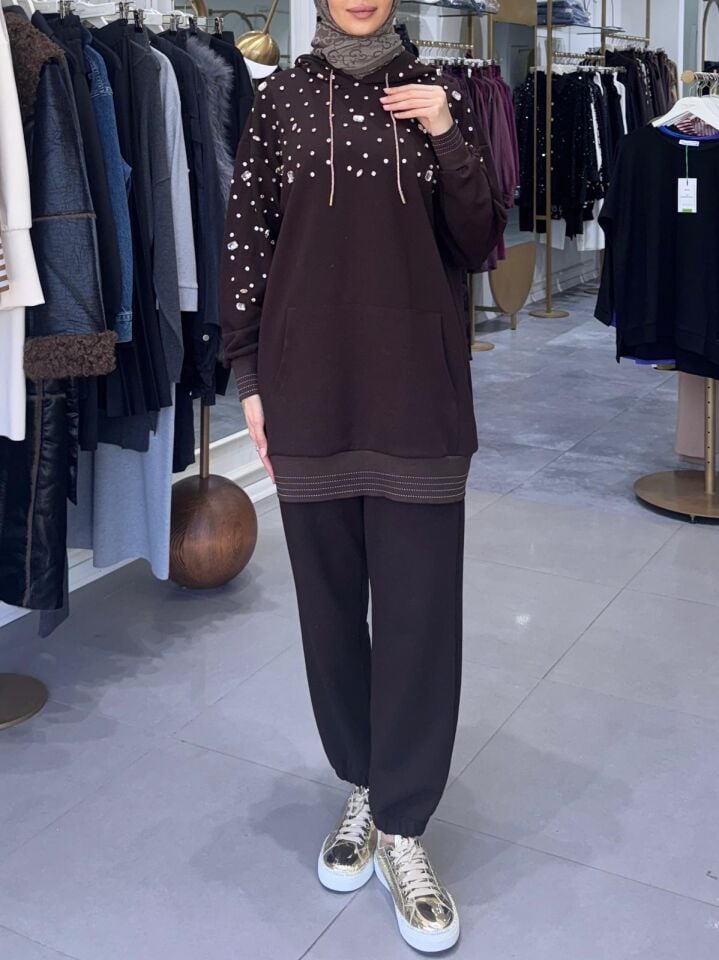 İŞLEMELİ KAPŞONLU MODAL KAHVERENGİ