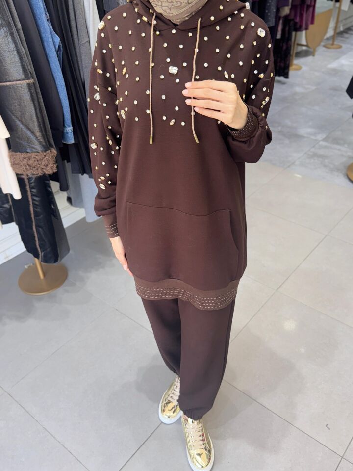 İŞLEMELİ KAPŞONLU MODAL KAHVERENGİ