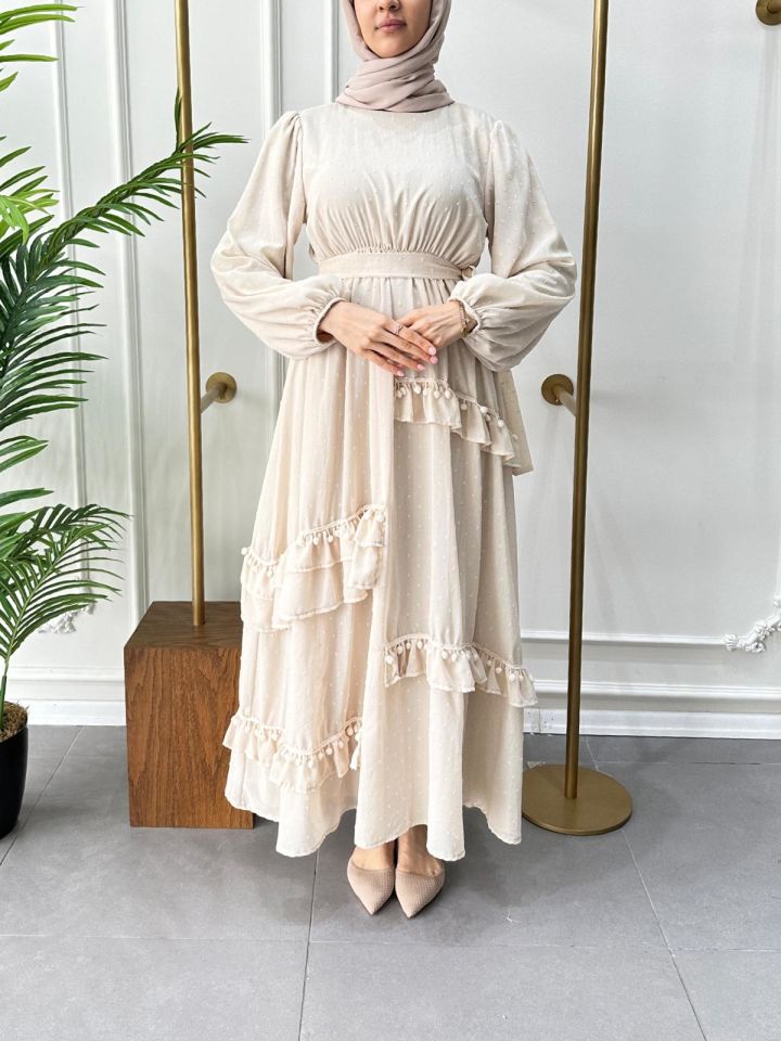 PONPONLU ELBİSE BEJ