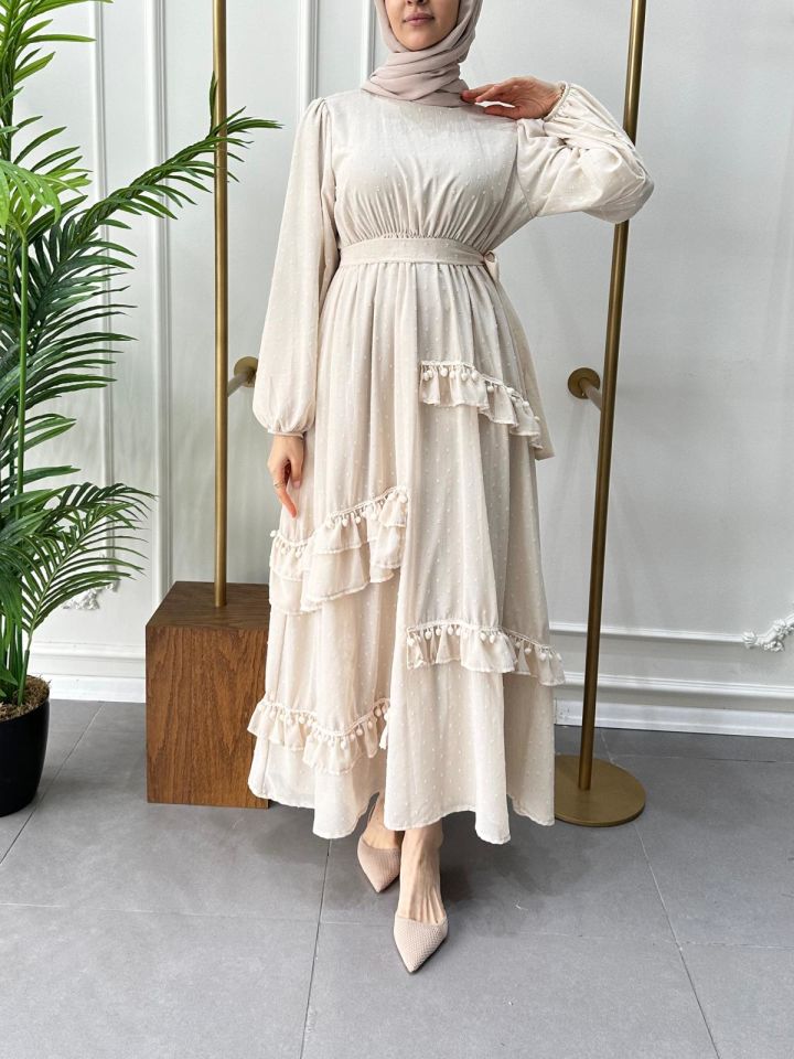 PONPONLU ELBİSE BEJ