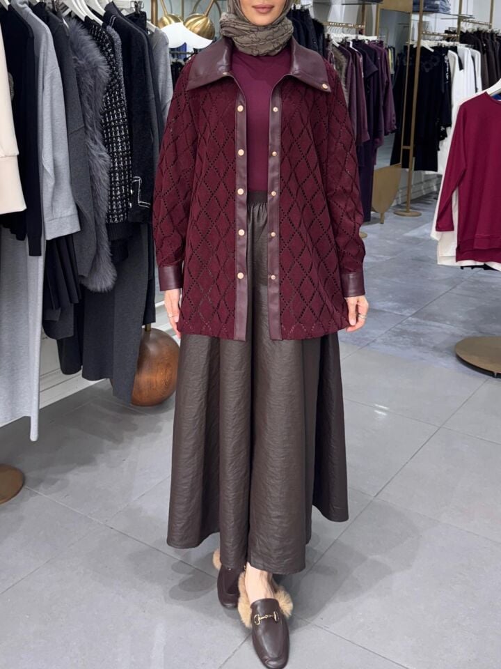 YAKA DERİ DETAY TUNİK BORDO