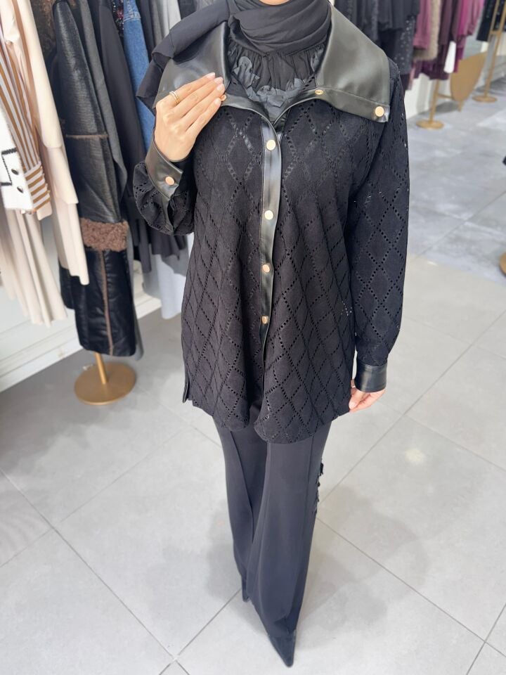 YAKA DERİ DETAY TUNİK SİYAH