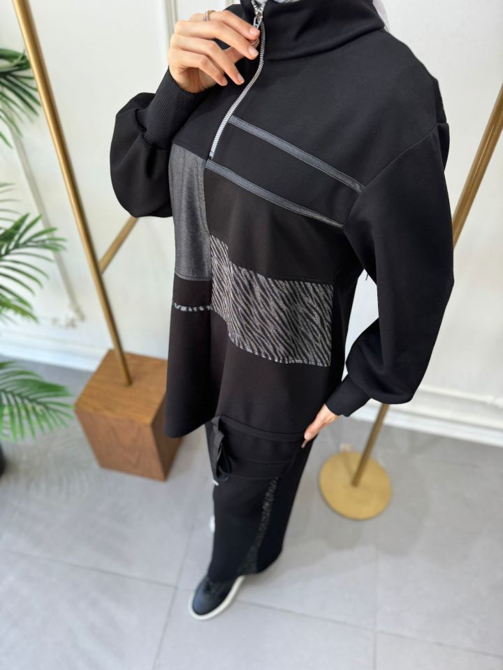 ZEBRA DESENLİ FİYONK DETAYLI TAKIM SİYAH