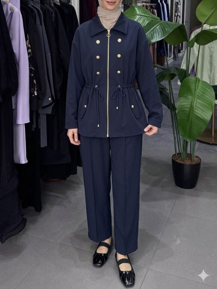 GHİSA DÜĞME DETAY TAKIM LACİVERT