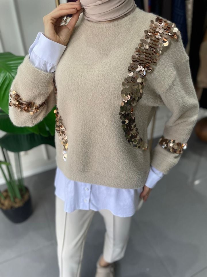 PULLU GÖMLEK GARNİ ANGORA TUNİK BEJ