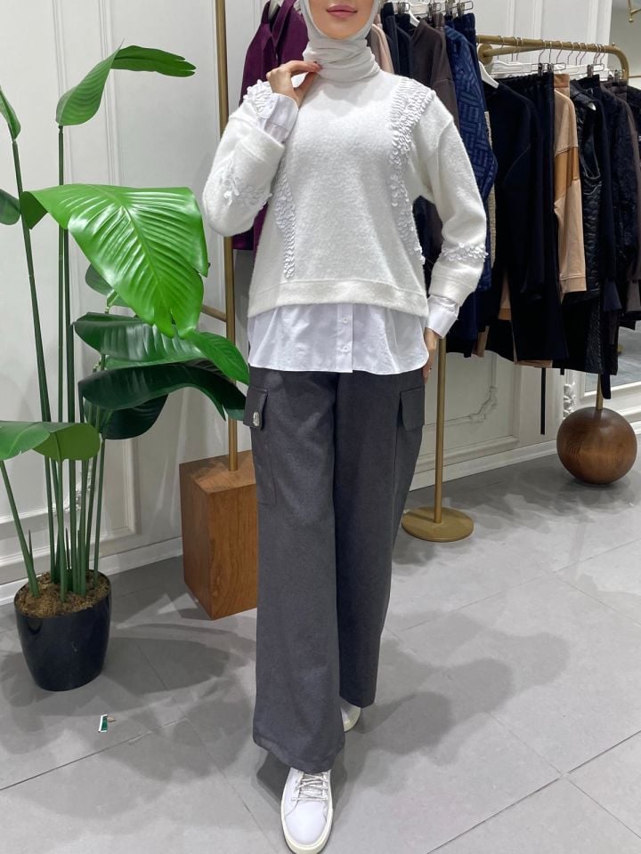 PULLU GÖMLEK GARNİ ANGORA TUNİK EKRU