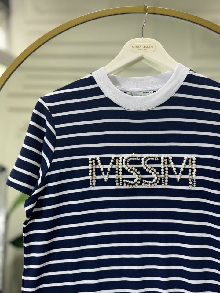 MSSM TAŞLI ÇİZGİLİ TİŞÖRT LACİVERT