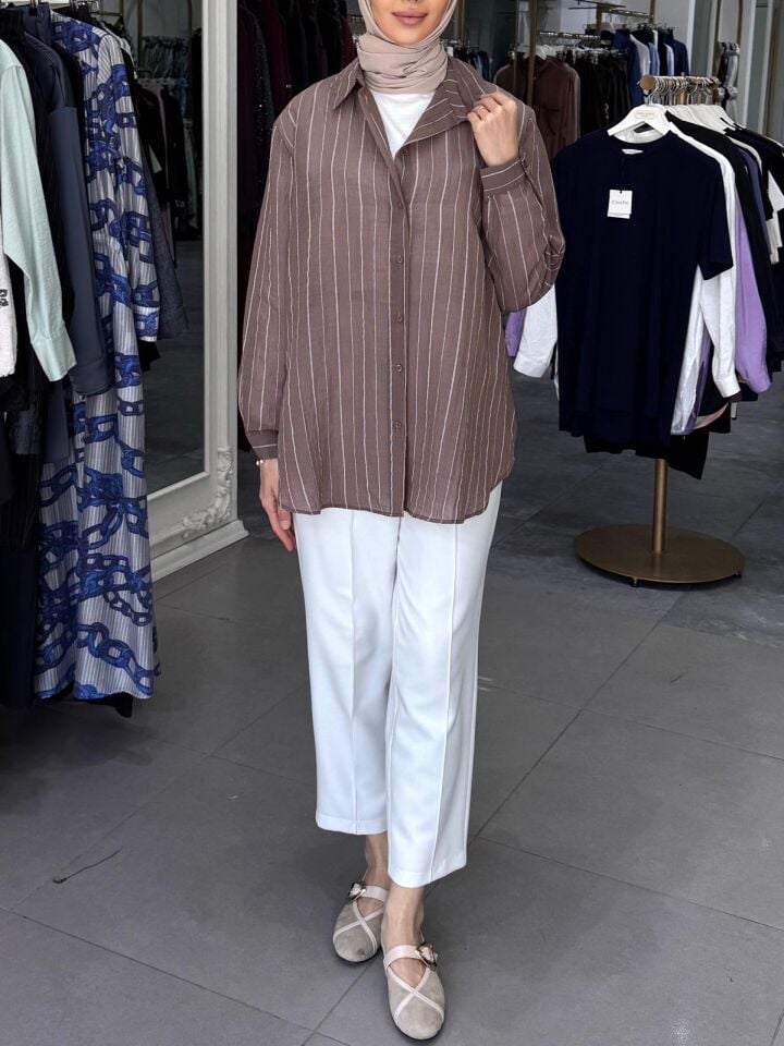 KONTRAST ÇİZGİLİ FUGA GÖMLEK KAHVE