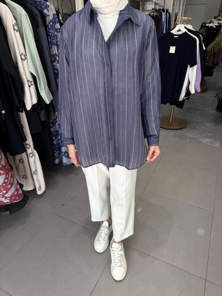 KONTRAST ÇİZGİLİ FUGA GÖMLEK LACİVERT