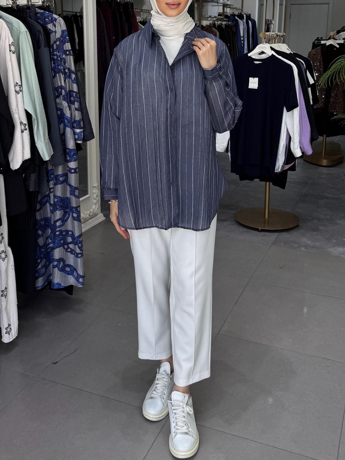 KONTRAST ÇİZGİLİ FUGA GÖMLEK LACİVERT