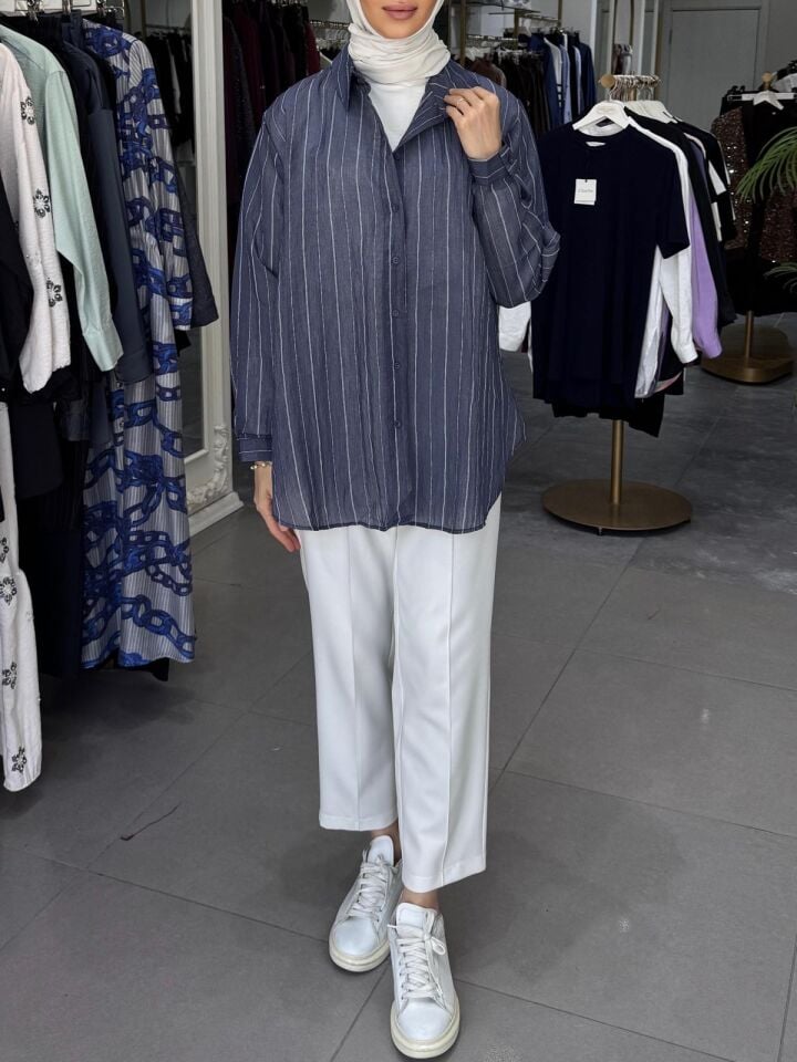 KONTRAST ÇİZGİLİ FUGA GÖMLEK LACİVERT