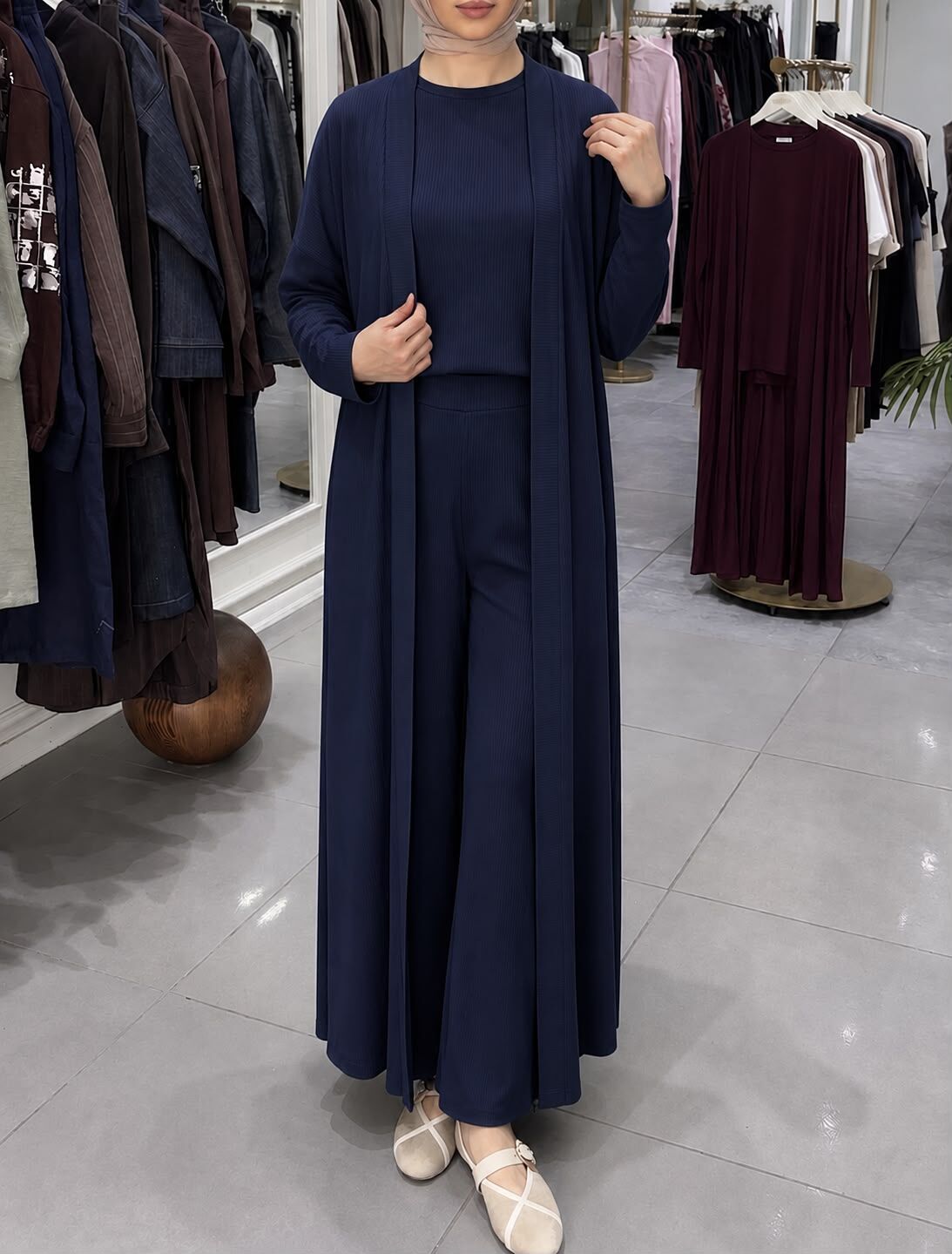 ÜÇLÜ ABAYA TAKIM LACİVERT
