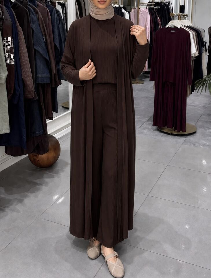 ÜÇLÜ ABAYA TAKIM KAHVERENGİ