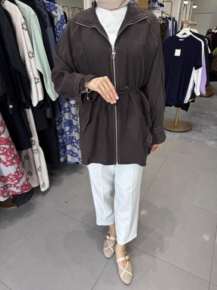 APOLET DETAYLI FERMUAR CEKET KAHVE