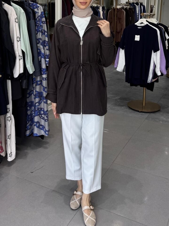 APOLET DETAYLI FERMUAR CEKET KAHVE