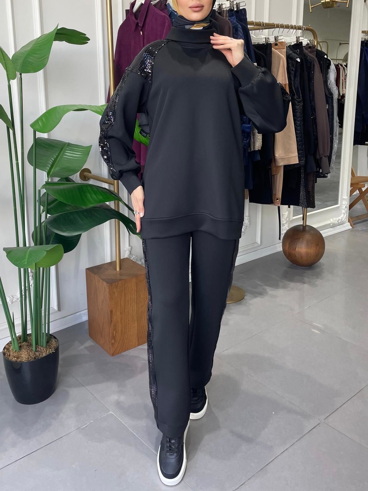 LEOPAR PAYETLİ TAKIM SİYAH