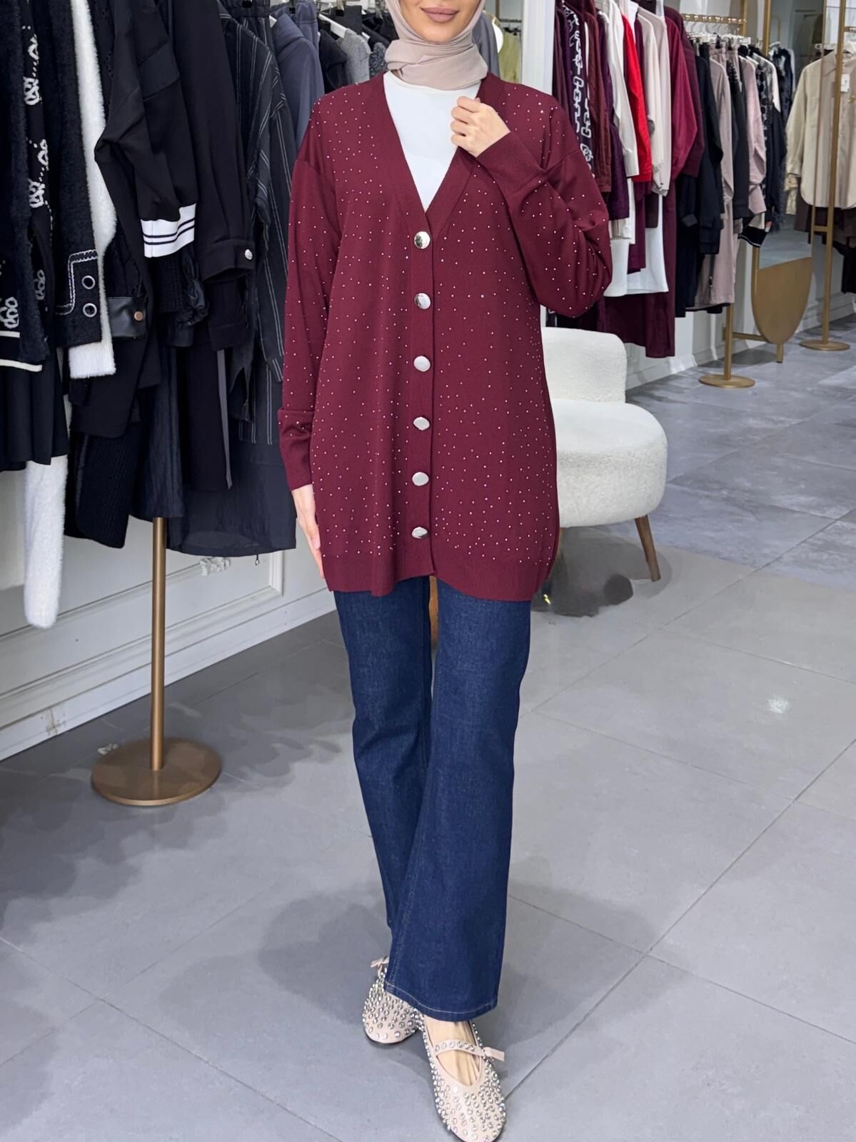 MERSERİZE TAŞLI HIRKA BORDO