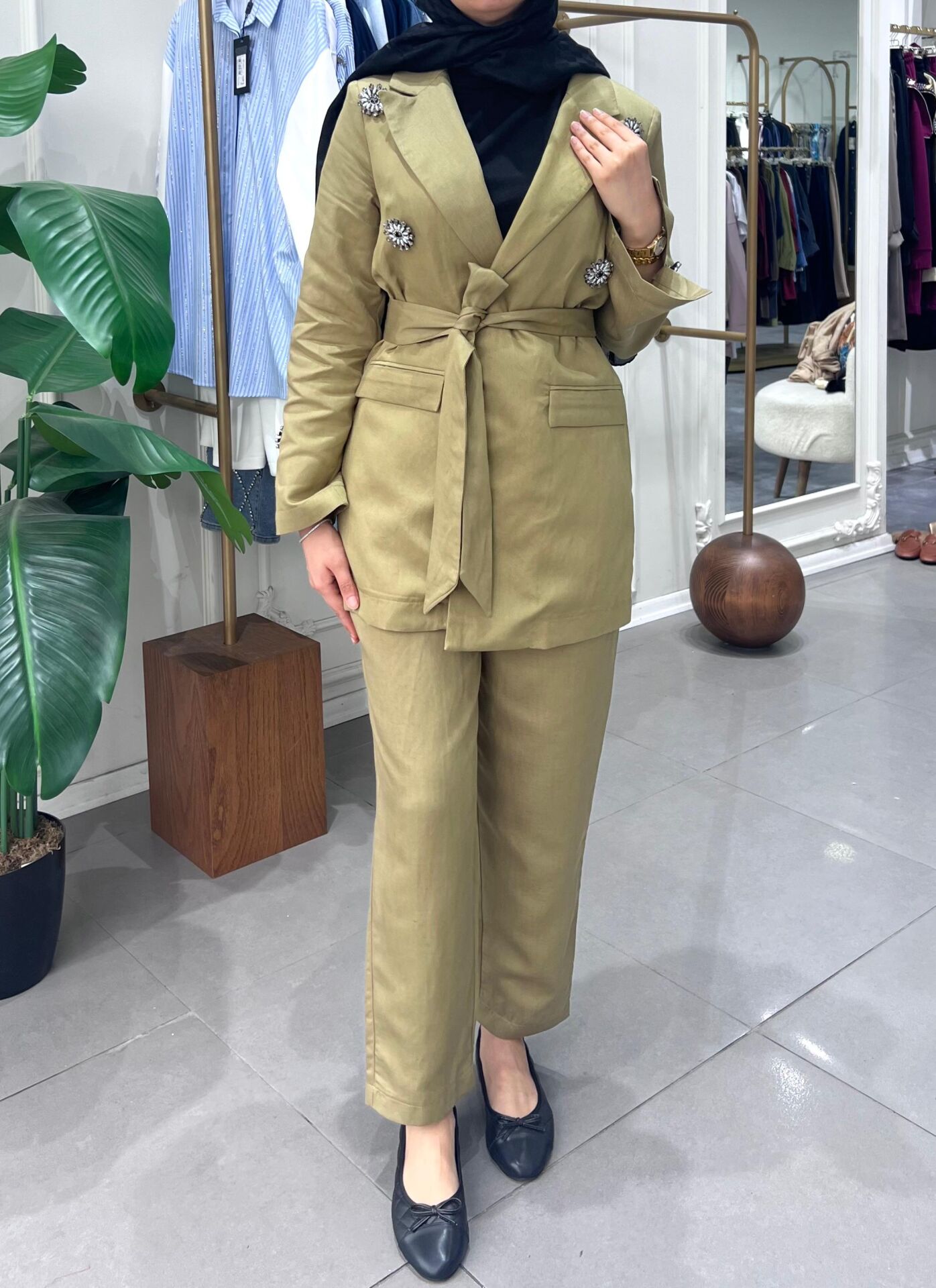 LİNEN KETEN CEKETLİ TAKIM HAKİ