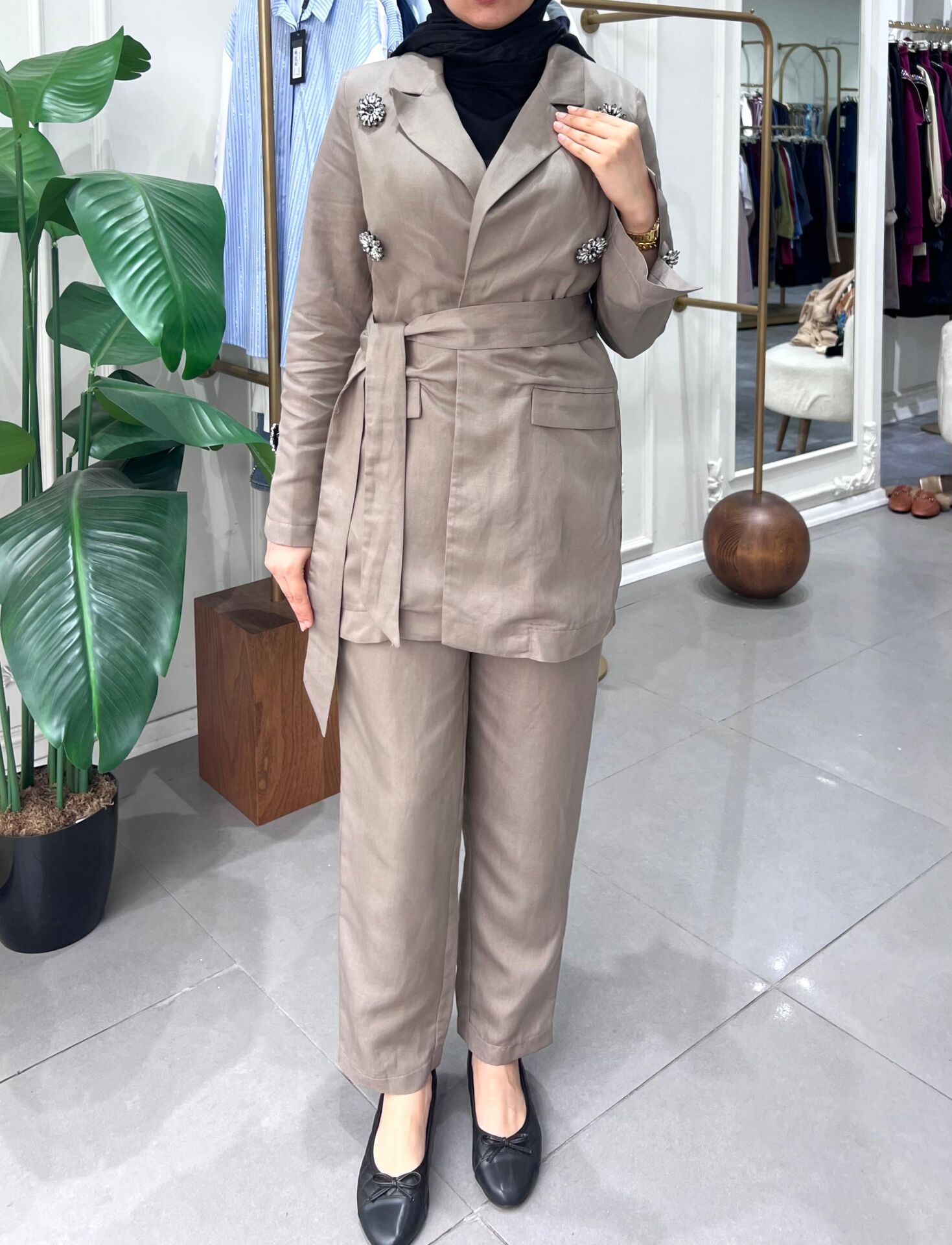 LİNEN KETEN CEKETLİ TAKIM VİZON