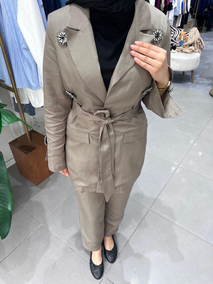 LİNEN KETEN CEKETLİ TAKIM VİZON