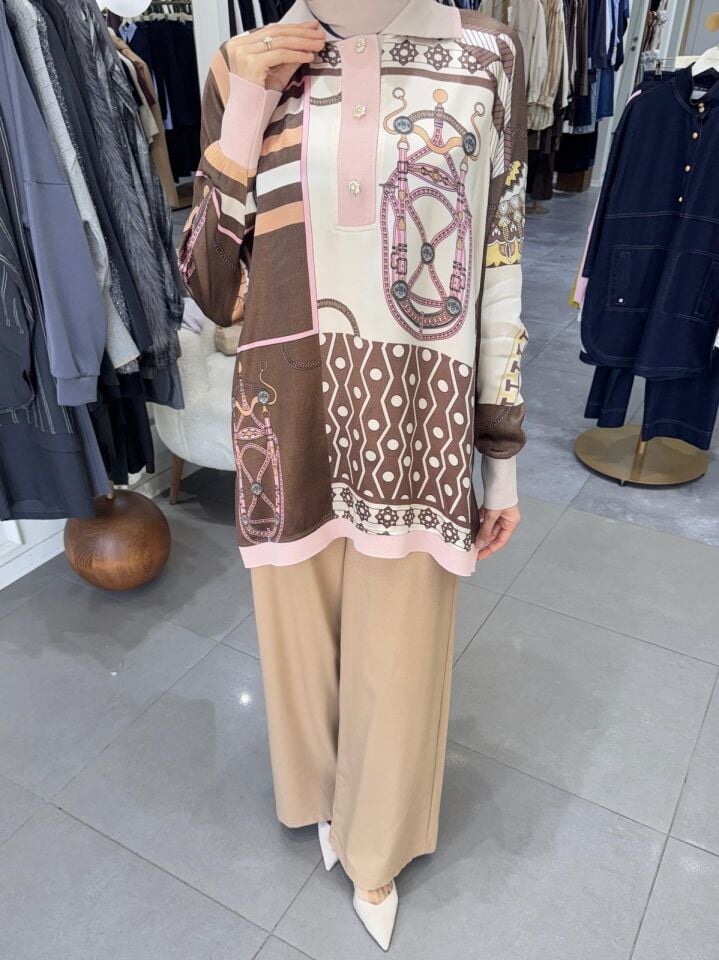 KENDİNDEN DESENLİ TUNİK KAHVERENGİ