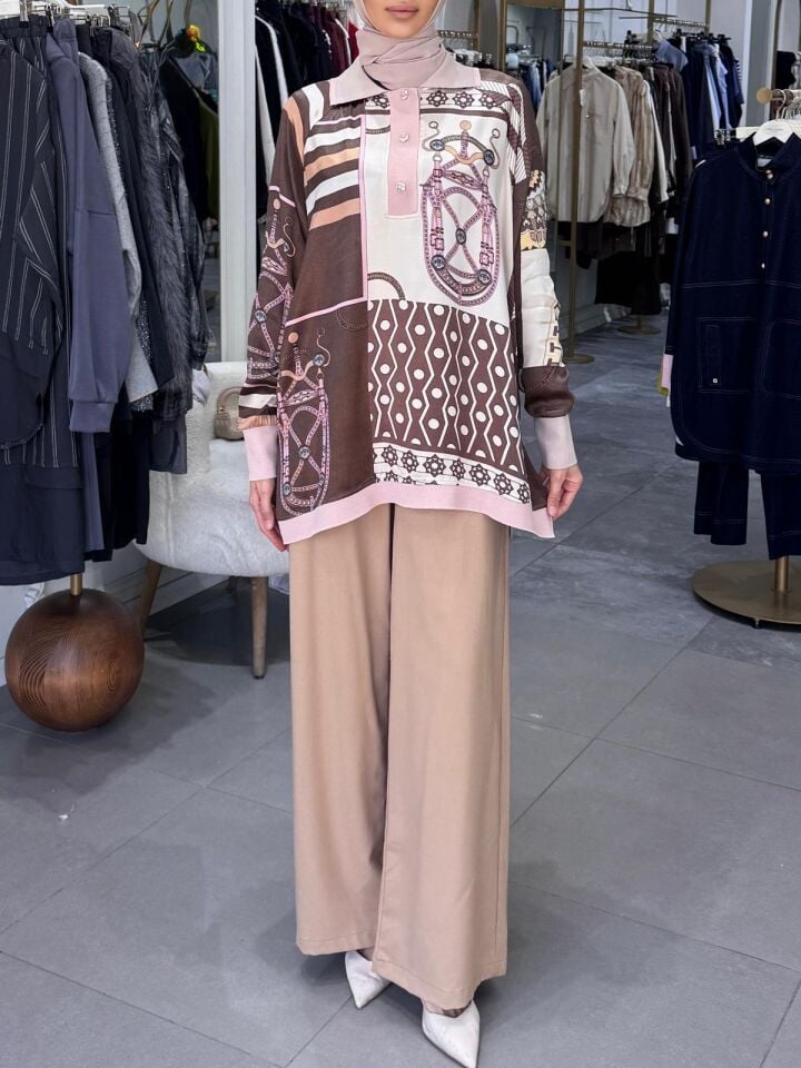 KENDİNDEN DESENLİ TUNİK KAHVERENGİ