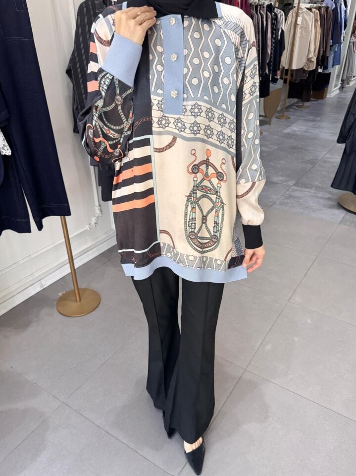 KENDİNDEN DESENLİ TUNİK SİYAH