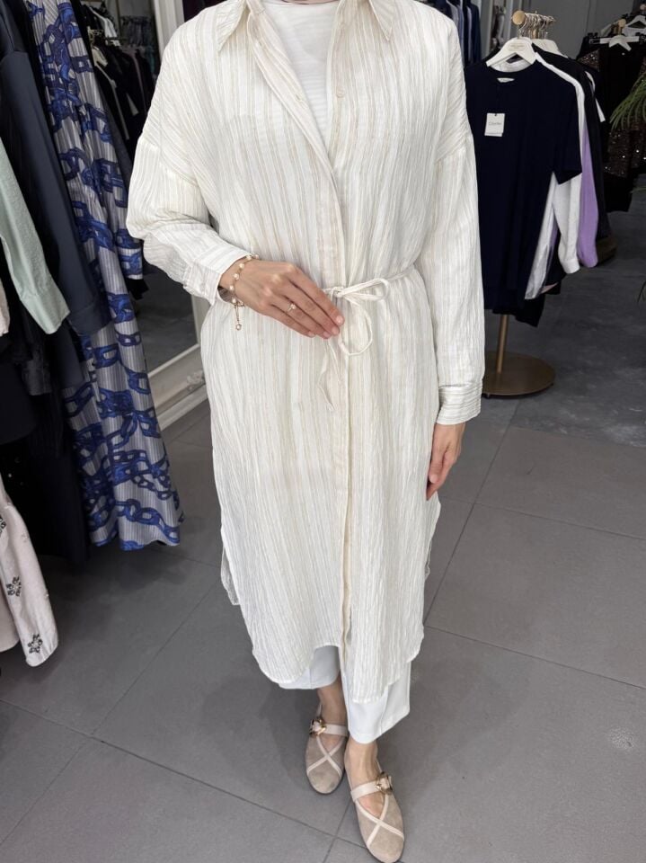 MİDİ BOY ÇİZGİLİ GÖMLEK PİŞME EKRU