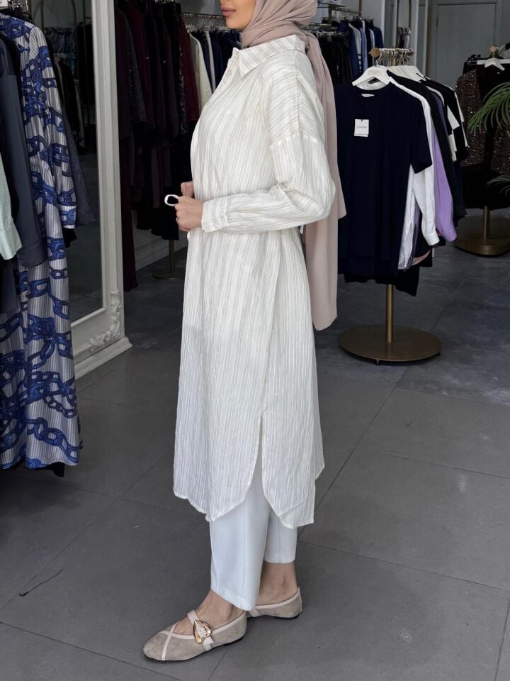 MİDİ BOY ÇİZGİLİ GÖMLEK PİŞME EKRU