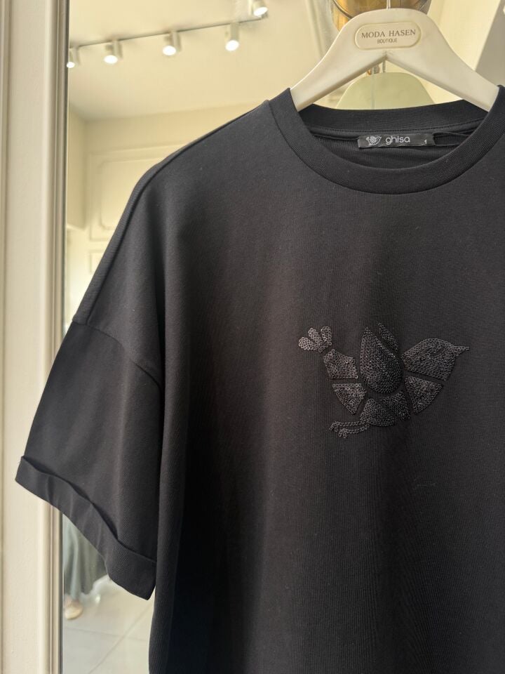 KUŞ DESEN KISA KOLLU TİŞÖRT SİYAH