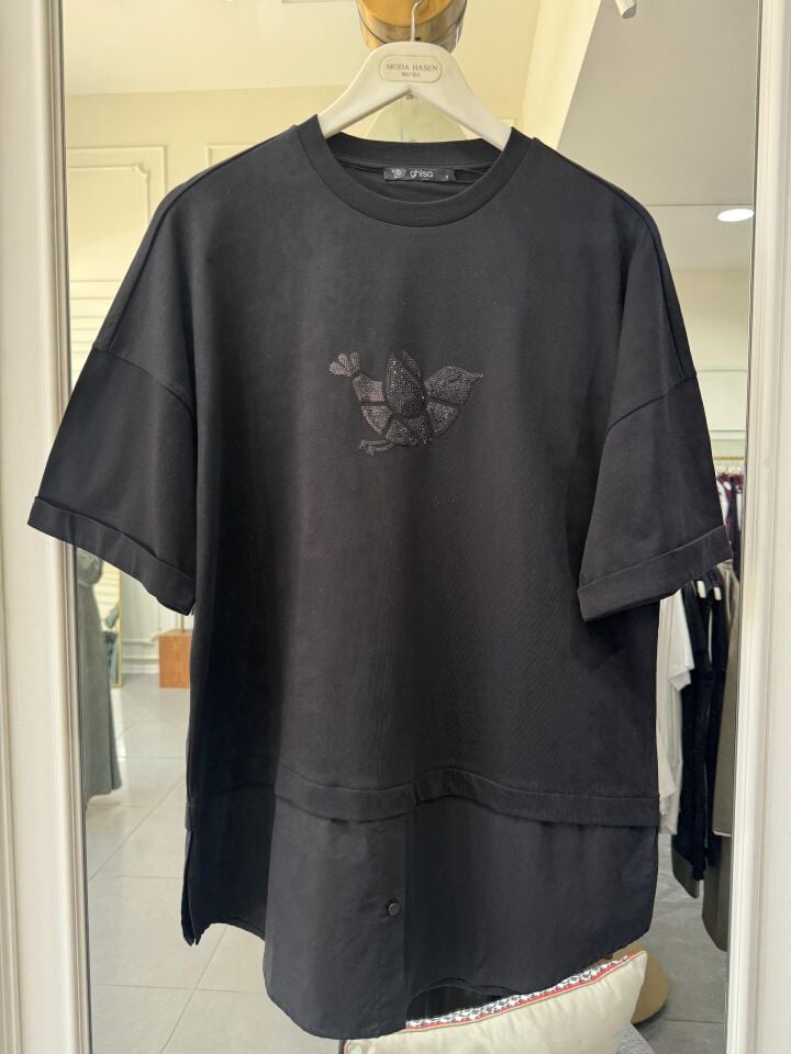 KUŞ DESEN KISA KOLLU TİŞÖRT SİYAH