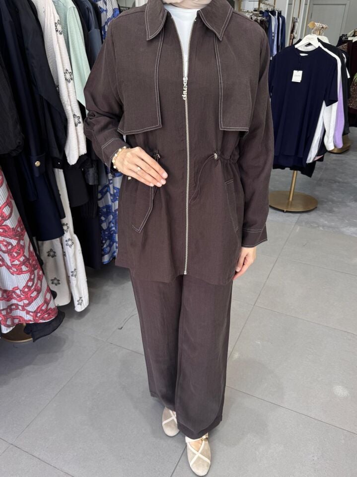 KONTRAST DİKİŞ DETAY TAKIM KAHVE