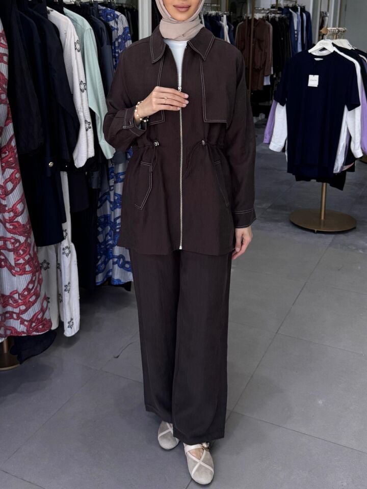 KONTRAST DİKİŞ DETAY TAKIM KAHVE