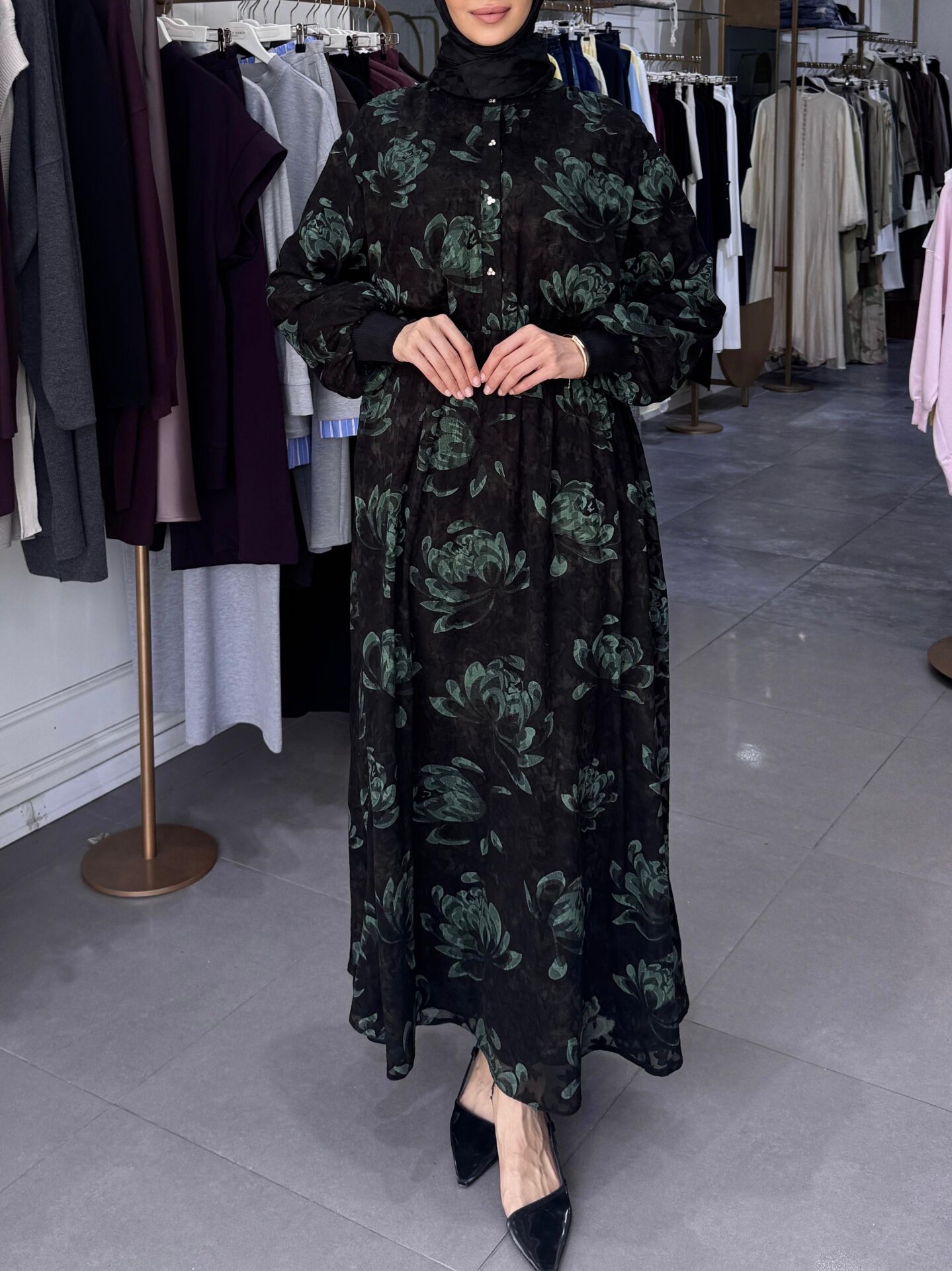 ŞİFON ÇİÇEKLİ ELBİSE YEŞİL