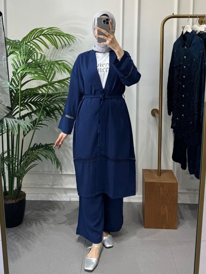 DANTEL ŞERİT DETAYLI KİMONO TAKIM LACİVERT