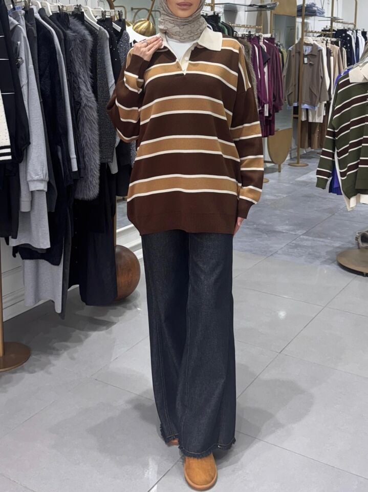 İNCE ÇİZGİLİ POLO YAKA KAHVE