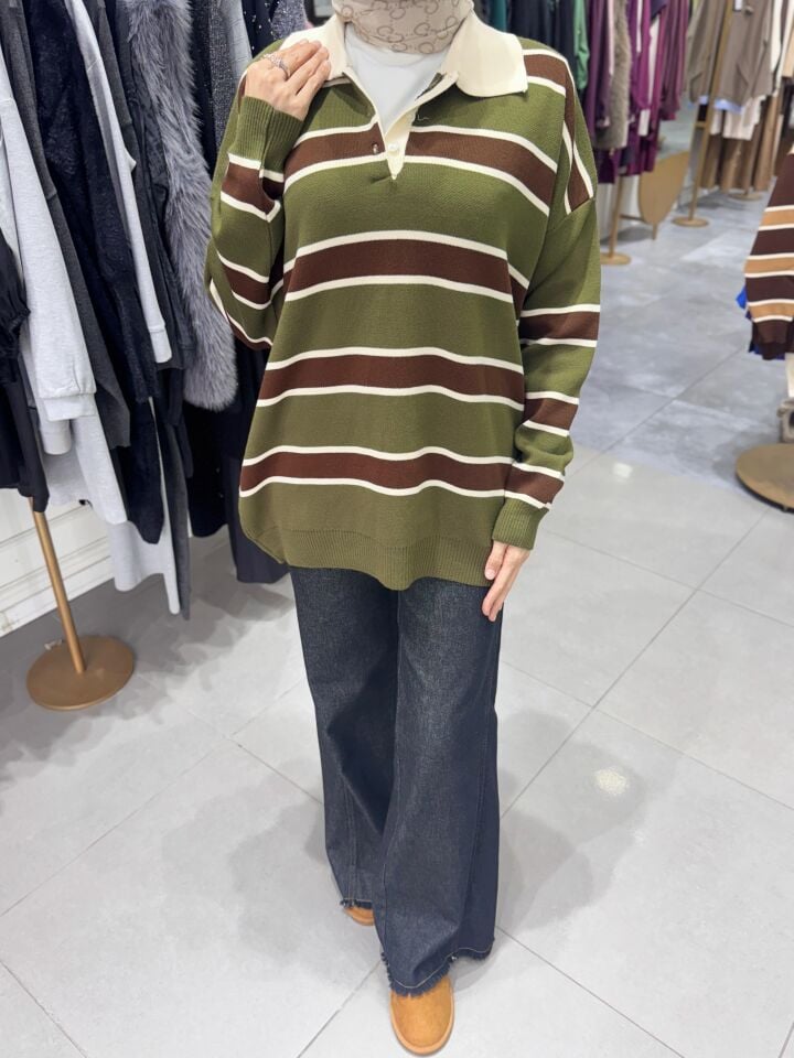 İNCE ÇİZGİLİ POLO YAKA HAKİ