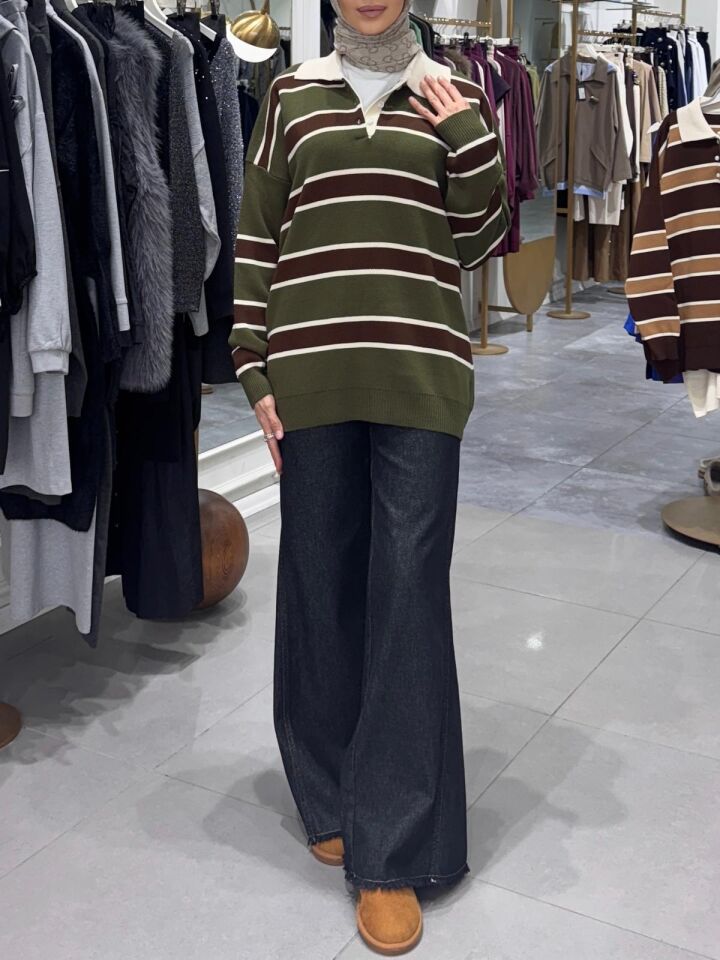 İNCE ÇİZGİLİ POLO YAKA HAKİ